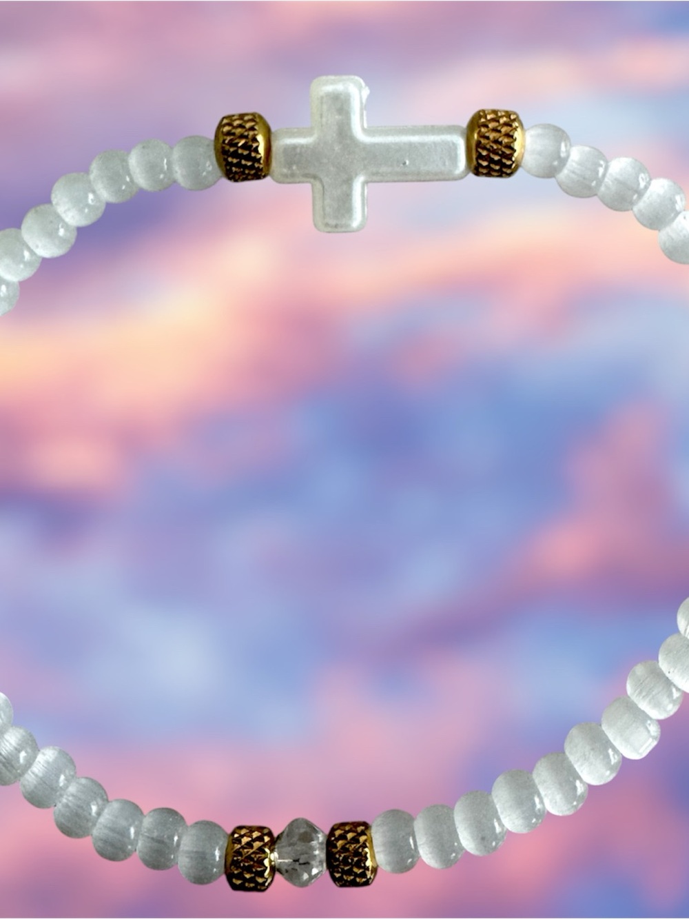 Unisex White Beaded Cross Stretch Bracelet with Gold Accents